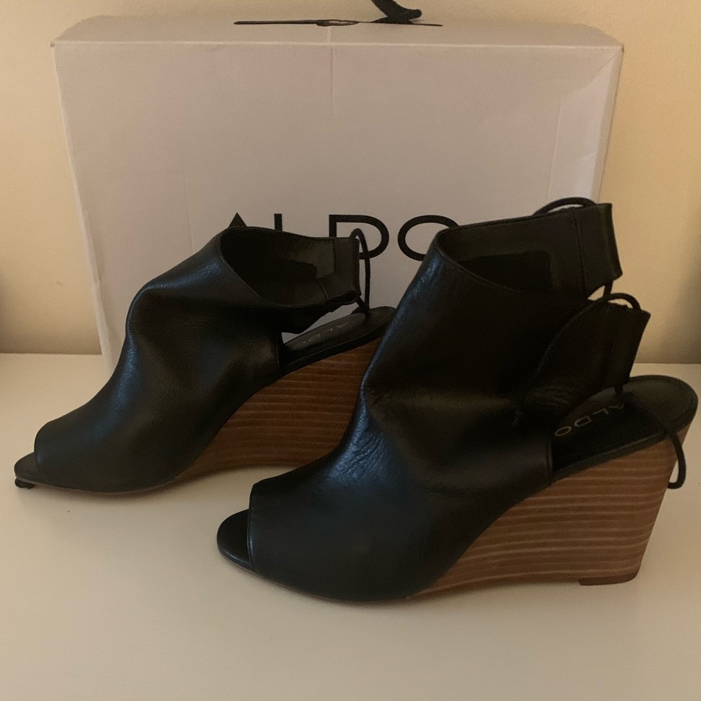 Also open toe wedged booties, tie in back
